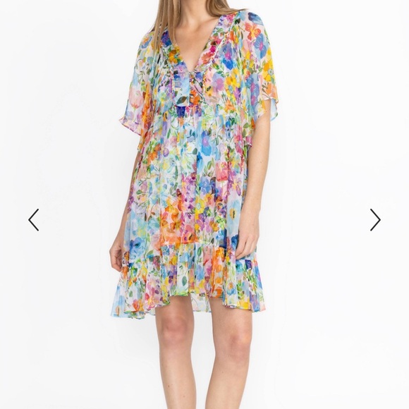Johnny Was Dresses & Skirts - Johnny Was Silk Floral Mini Dress Boho Ruffle Hem Slip Lined Size M